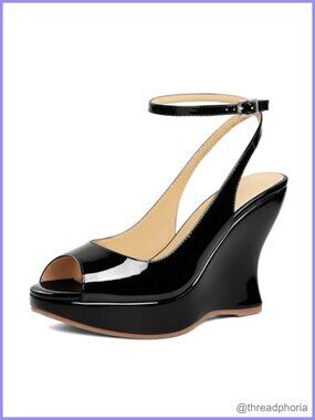 Faux Leather Platform Wedge Sandals Peep Toe Ankle Strap Slingback Heels